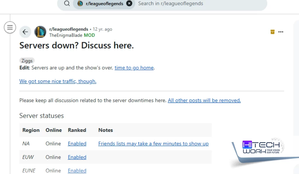 Check LoL server status on Subreddit