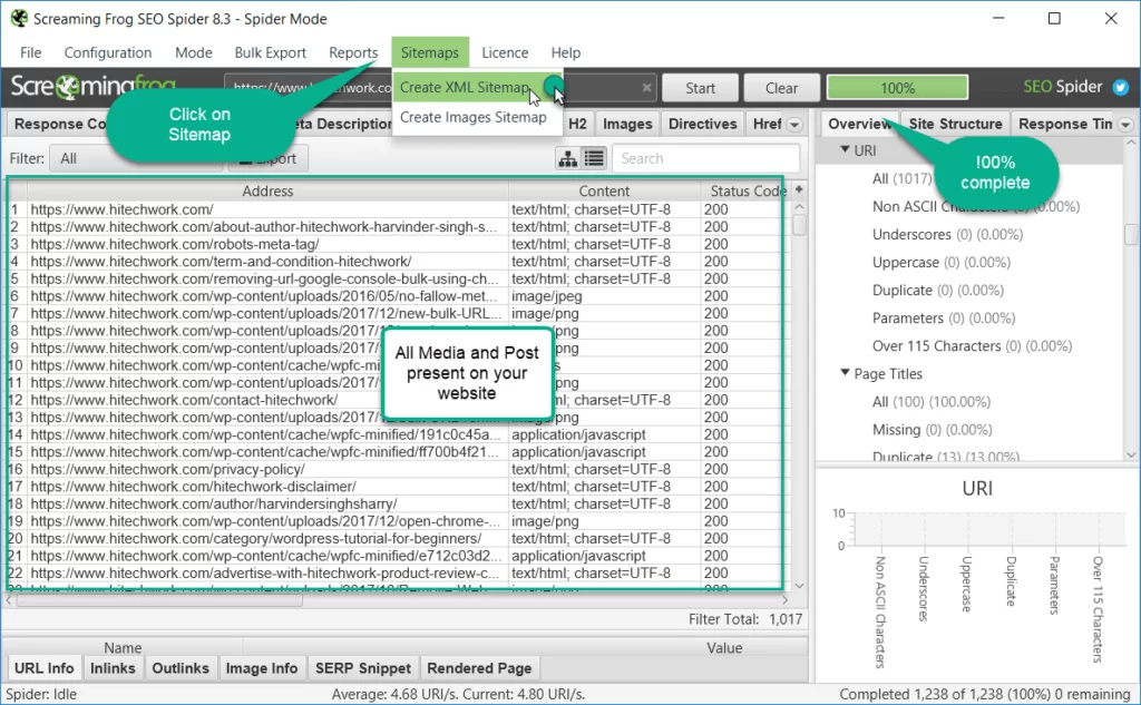 click on sitemap in screaming frog