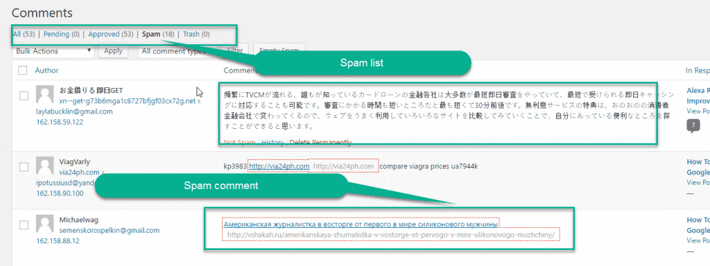 spam comment list in wordpress