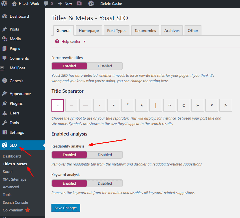 Disable And Enable Option of Yoast readbility