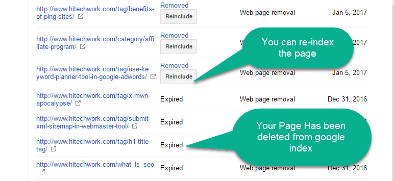 page expire in the google page removal tool