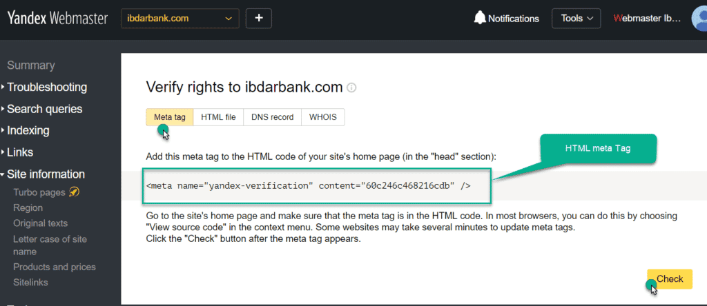 HTML meta tag of yandex webmaster tool