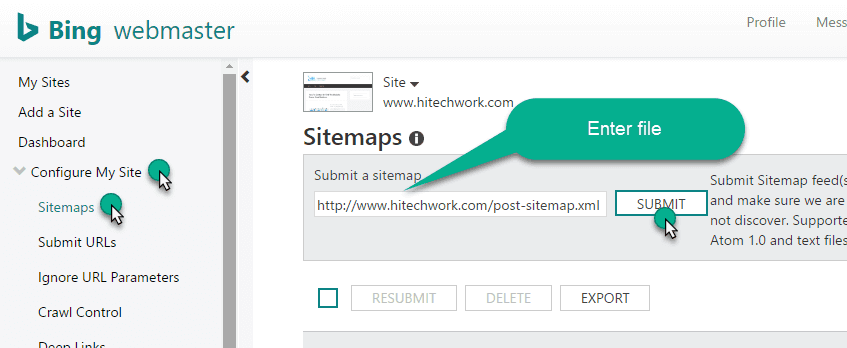 submit XML sitemape to bing webmaster tool
