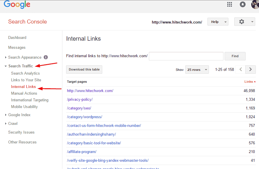 location of Internal link faeture in google webmaster tool