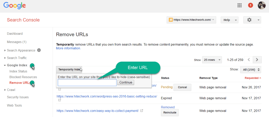 google URL removal Tool in GWT