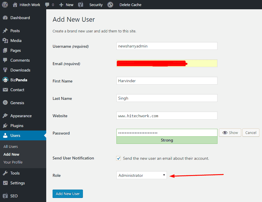 New user information box in wordpress