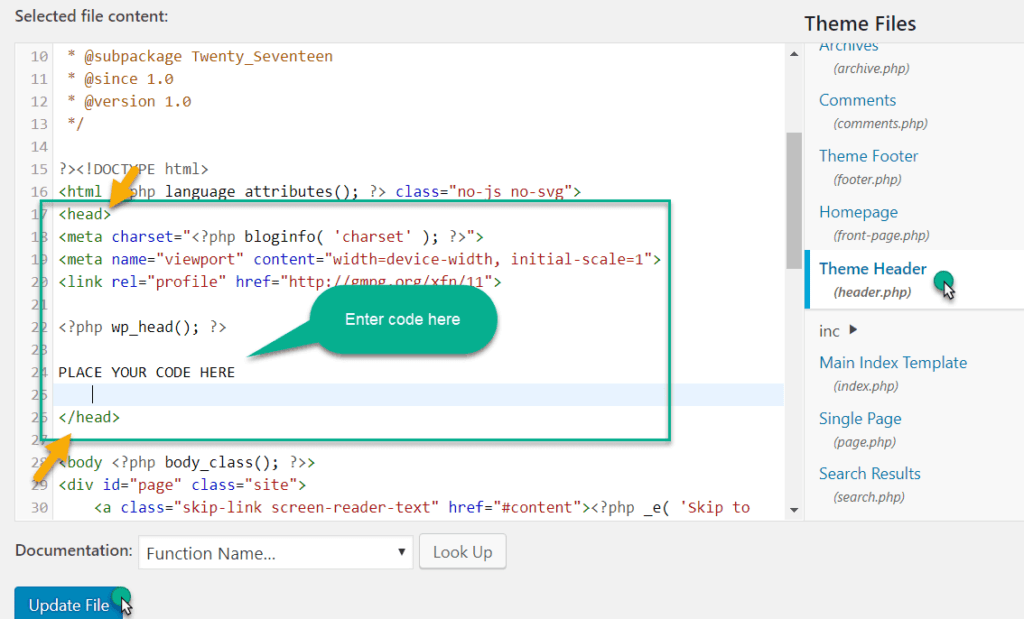 enter code in header file