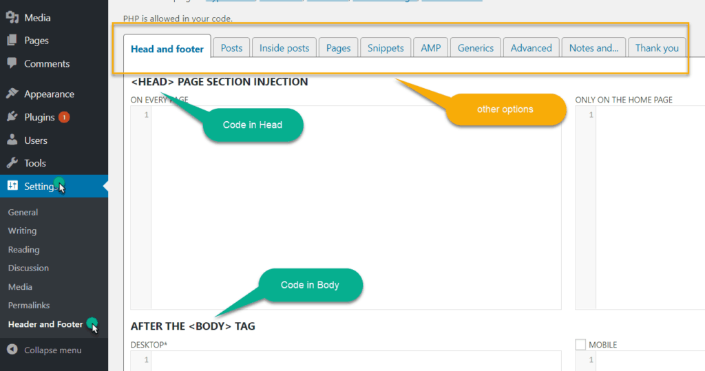 header footer code plugin setting