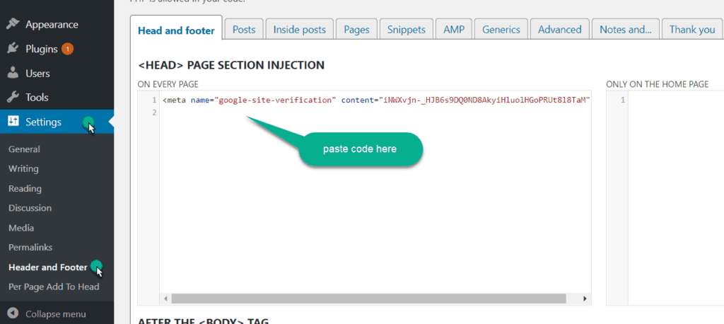 paste meta tag code in the head of the website