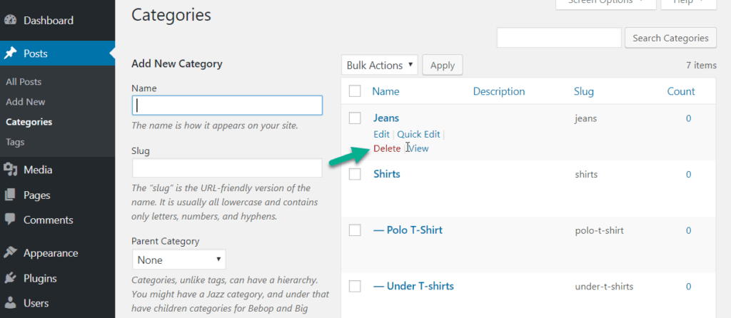 delete category in wordpress