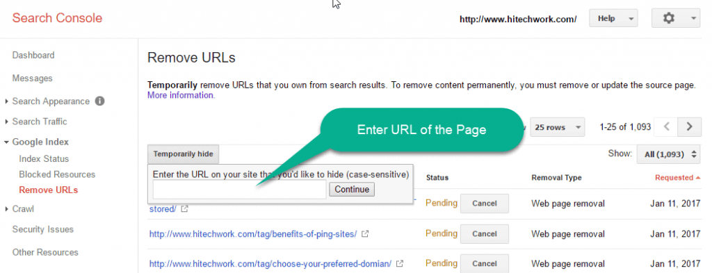 Enter url for removal the page in webmaster tool