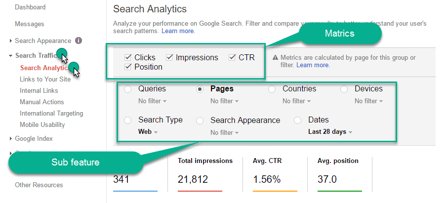 Search Analytics Report sub parts show in webmaster tool