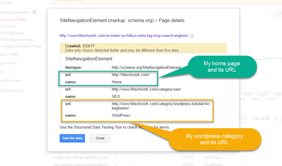 sitenavigation checking in structure data tool