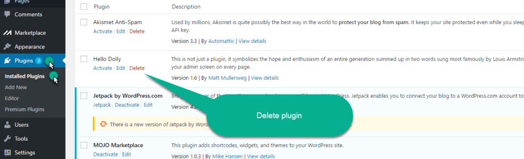 Delete default plugin in wordpress