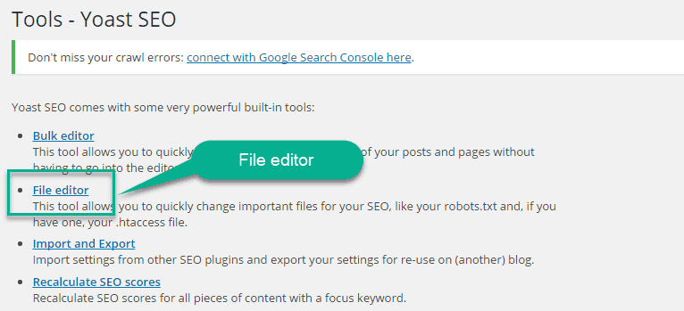 File Editor option in wordpress under yoast seo plugin