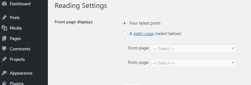 Reading setting in wordpress