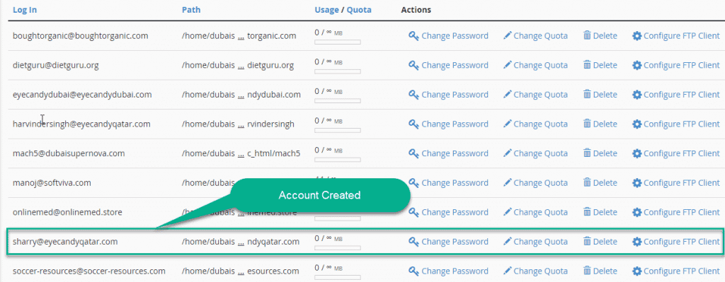 FTP Account created in cpanel