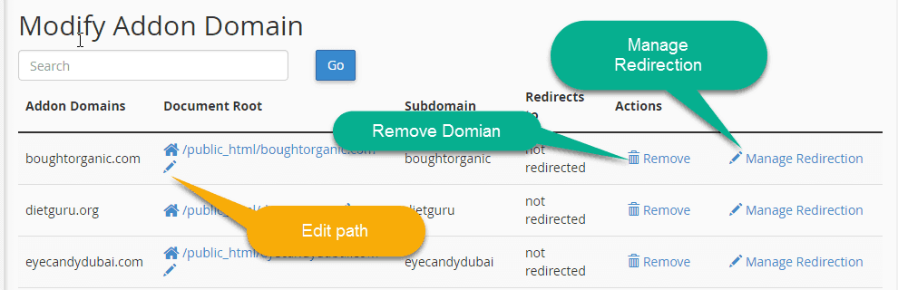 Modify Addon DOmain in cpanel