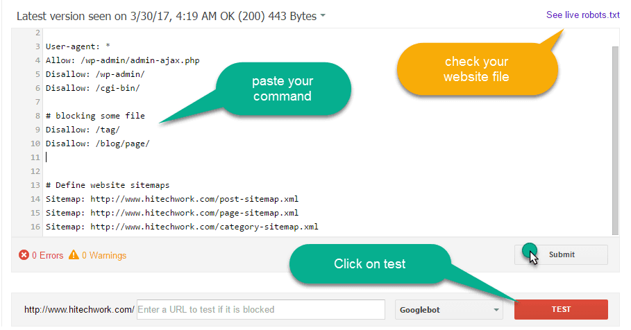 Paste Robots.txt file in google webmaster tool