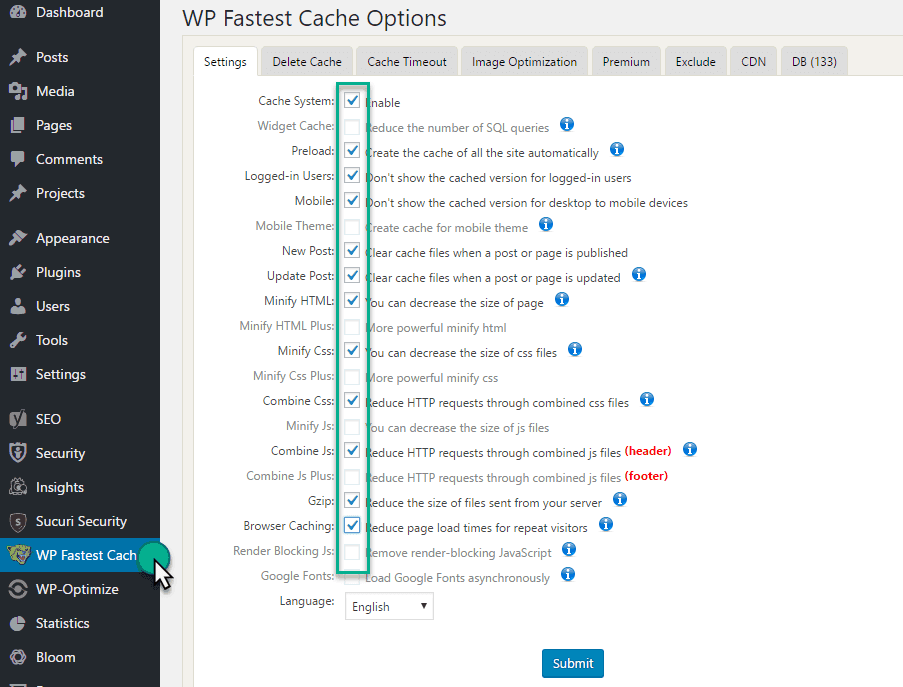 Wp faster cache Plugin option