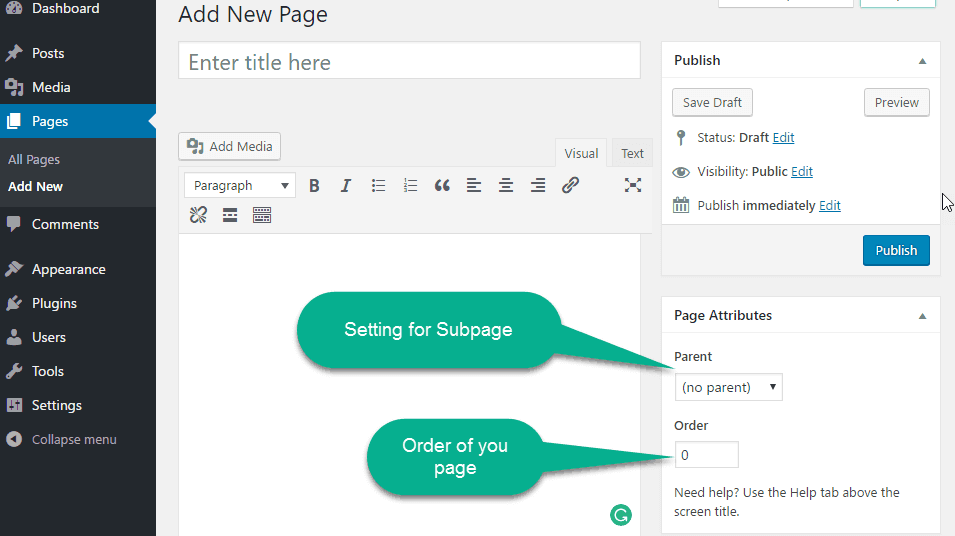 page artibute in the page editor wordpress