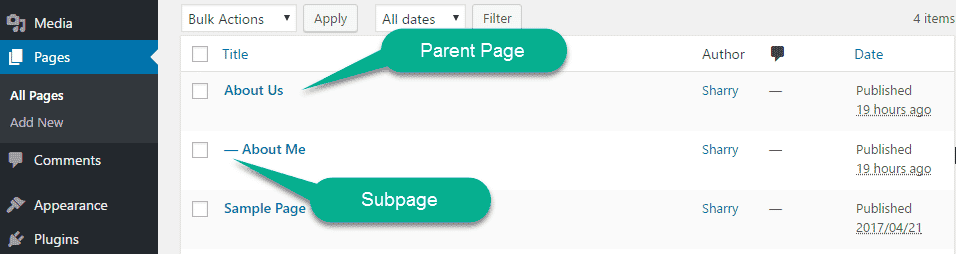 sub and parent page  in wordpress