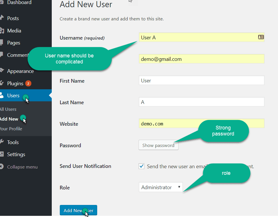 Add New User in wordpress manually