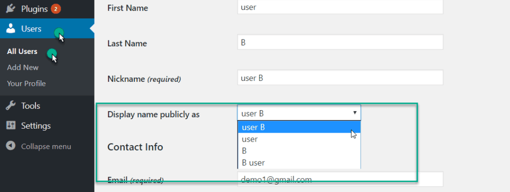 Change Display name in the wordpress for new user