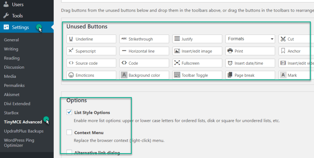 TinyMCE advanced option under setting in wordpress