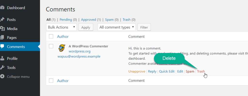 delete comment as an editor in wordpress