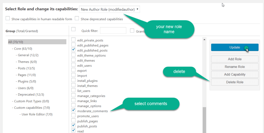 select role in the user role editor plugin