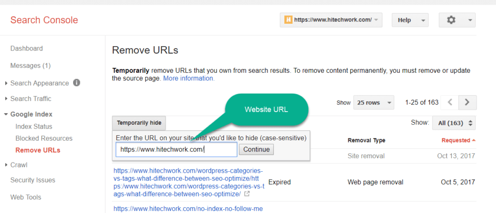 Enter Website in the URL removal tool