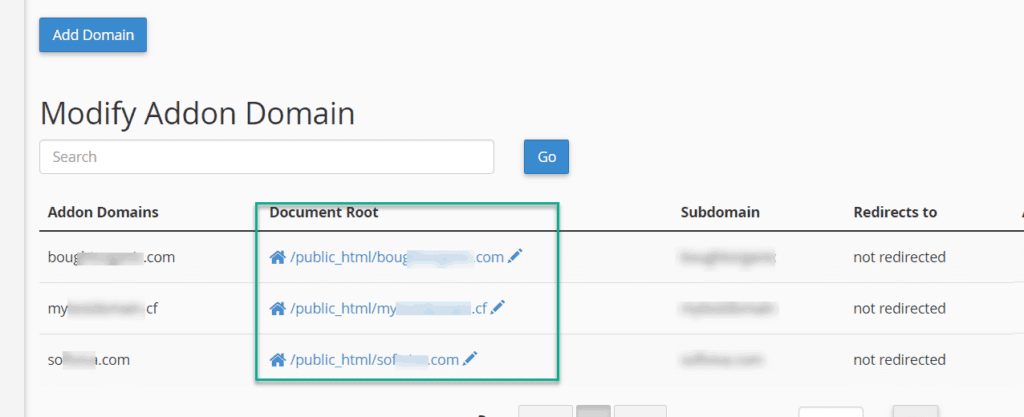 addon domain root directory find in cpanel