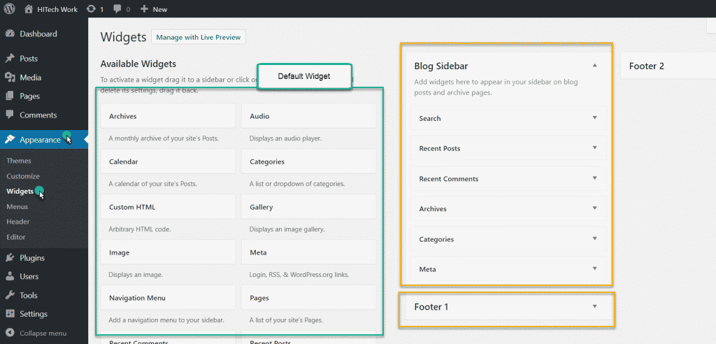 default WordPress widget area in admin area