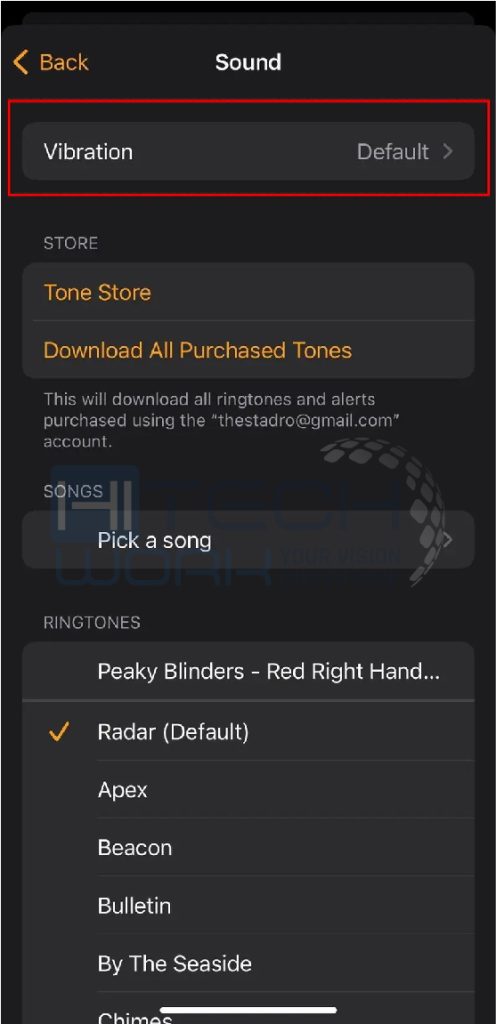 Step 6 - Click Vibration at the top of the “Sound