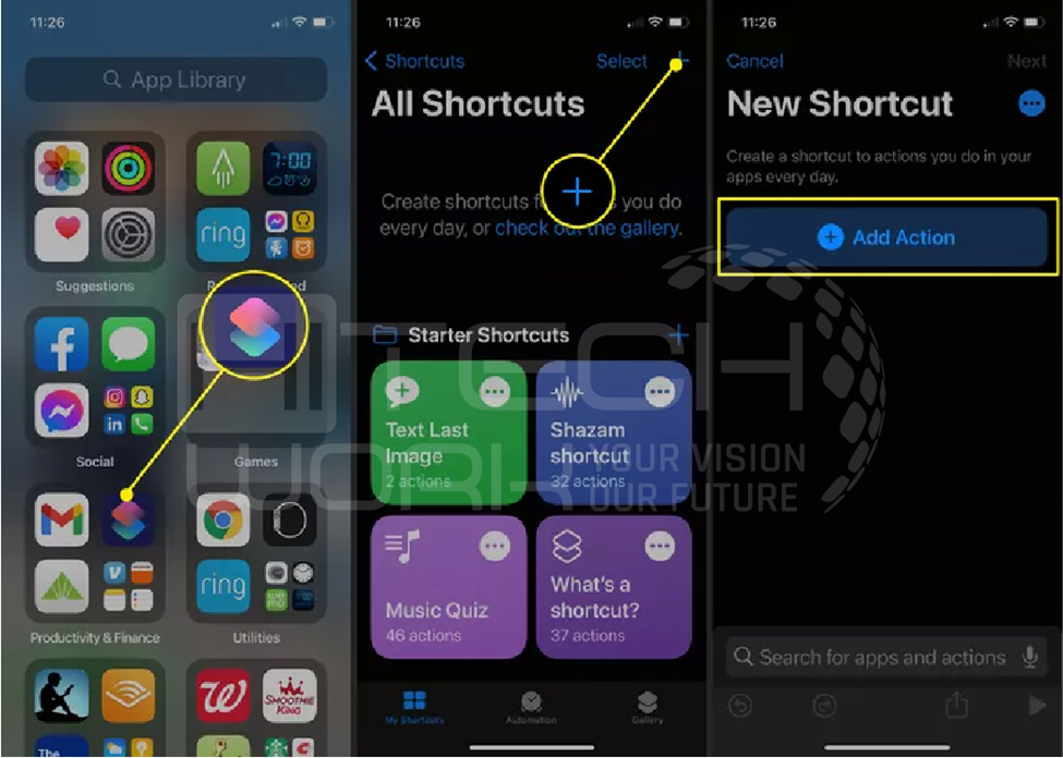 Steps 1, 2, 3: Find the Shortcut App, Tap +, and Tap add action