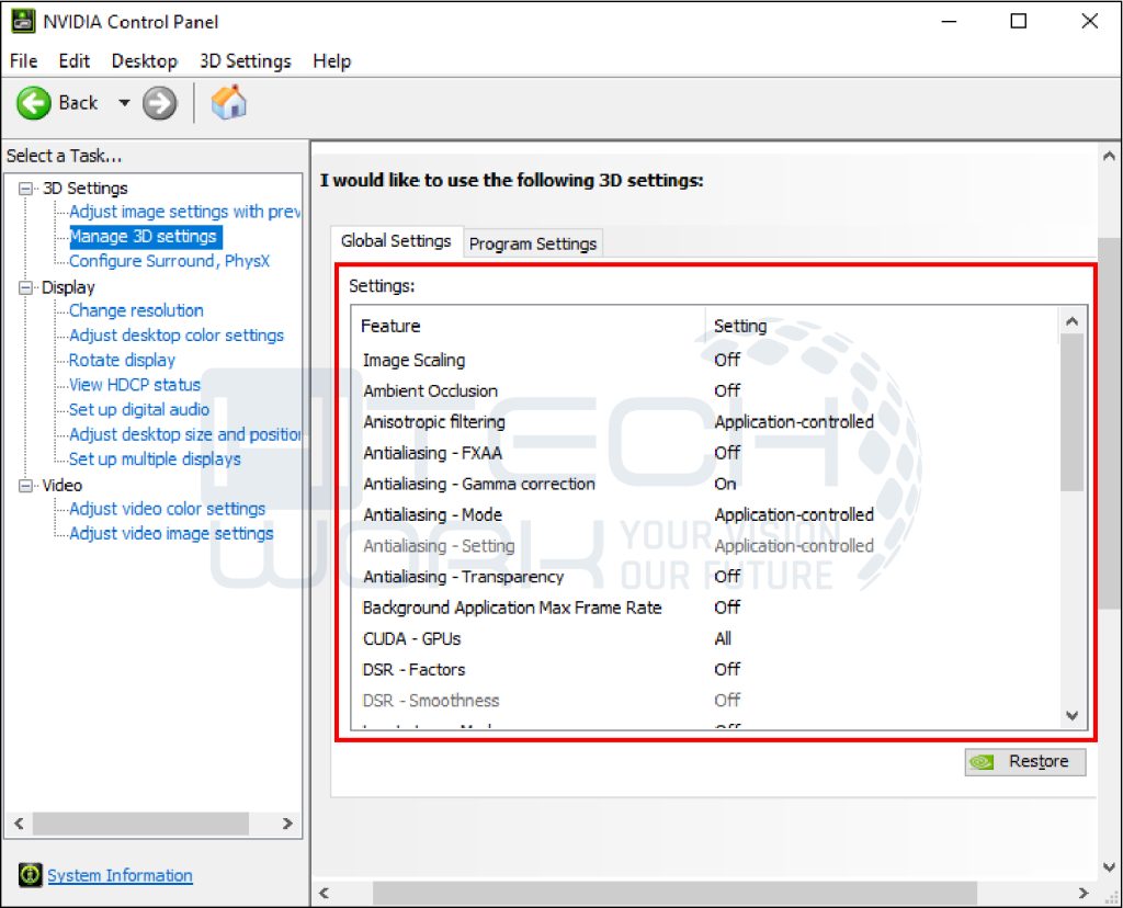 Step 5: Go to “Settings” in the Manage 3D settings window option