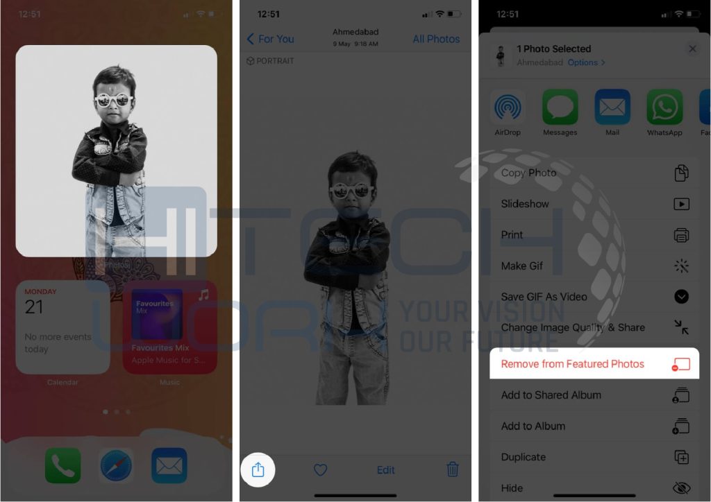 Step 1 & 2: Tap the image in the widget, Press the Share icon and Click on Remove Featured Photos