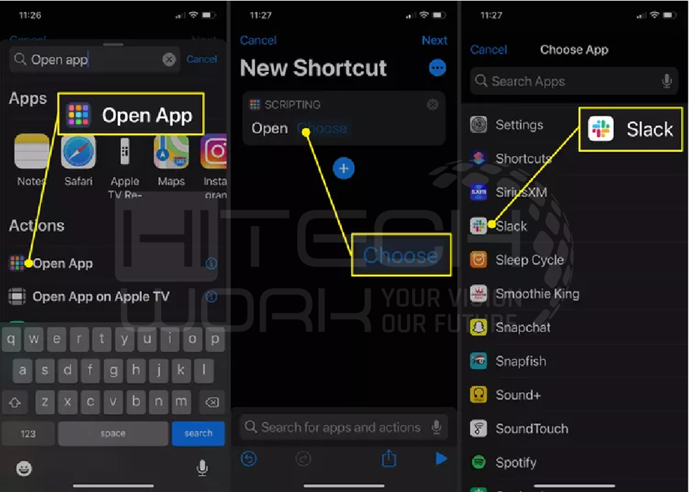 Steps 4,5,6: Type Open App, press the Choose button & Tap slack