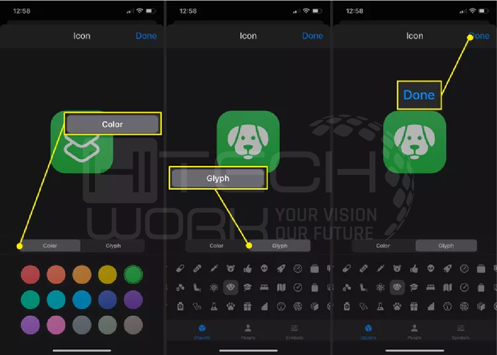 Steps 10, 11, 12: Choose the color, tap glyph and tap done.