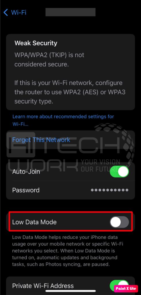 Tap the toggle switch for Wifi to disable the low data mode