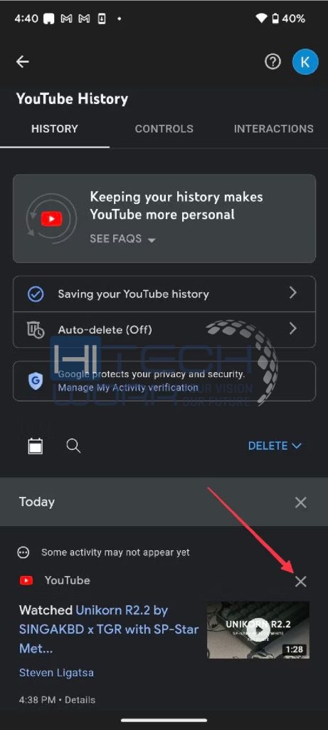 search from your history to delete it