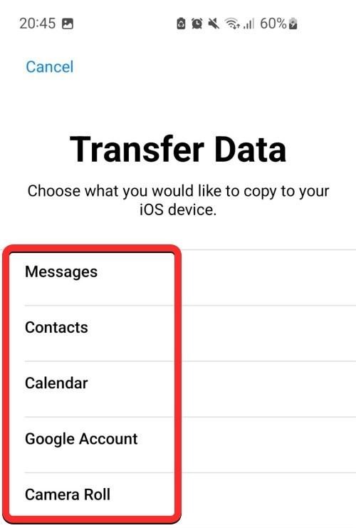 Transfer Data screen