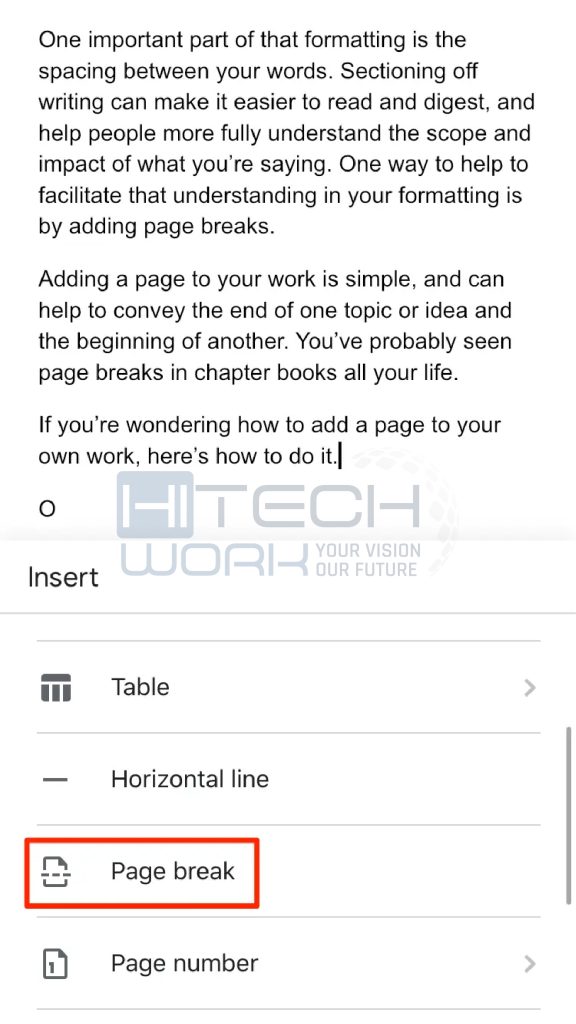 page break option on google docs in mobile phone