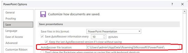 AutoRecover file location