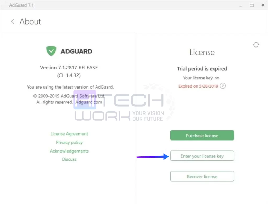 Enter the Ad Guard license key 
