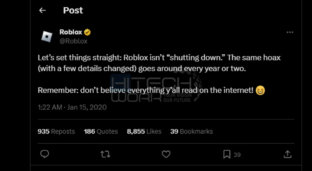 Roblox X post on is Roblox shutting down 